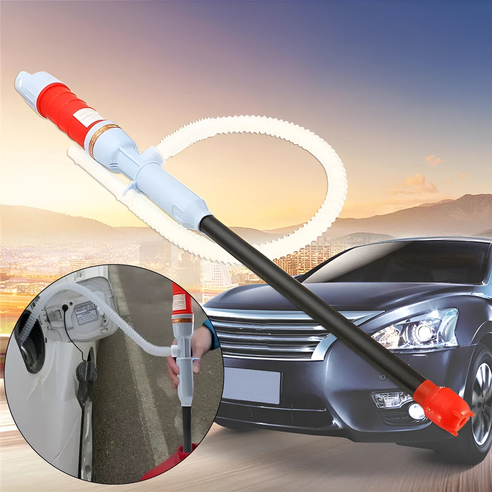 Manual hand siphon pump made of PP plastic for transferring fuel and oil in blue or red