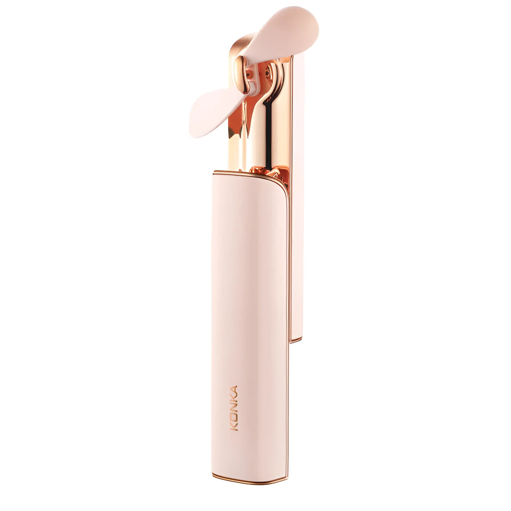 Pink handheld folding fan with USB charging port and rotating head showing two-speed mechanical controls