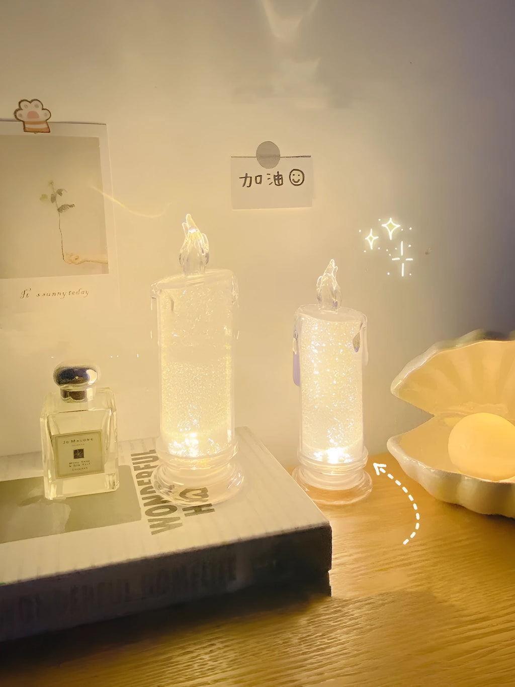 A white LED bedside lamp on a wooden table, shown next to a message board variant with an erasable pen.