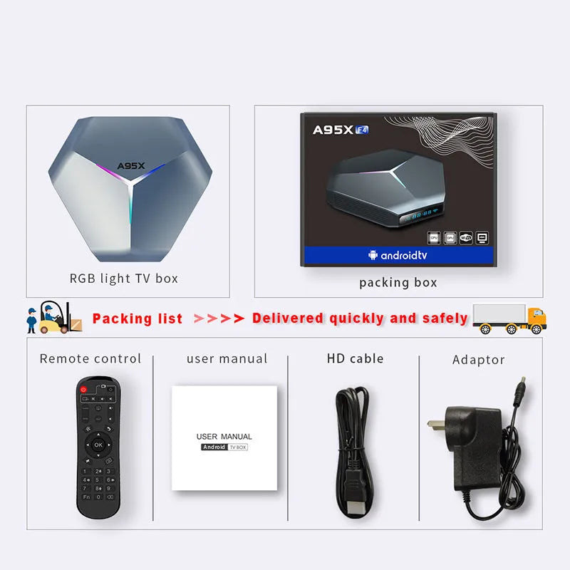 8K network player set-top box with remote control and cables
