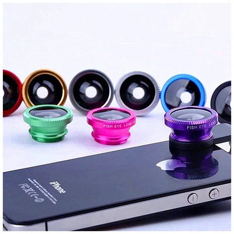 Black aluminium 3-in-1 smartphone lens kit with fisheye, wide angle and macro lenses and universal mounting clip