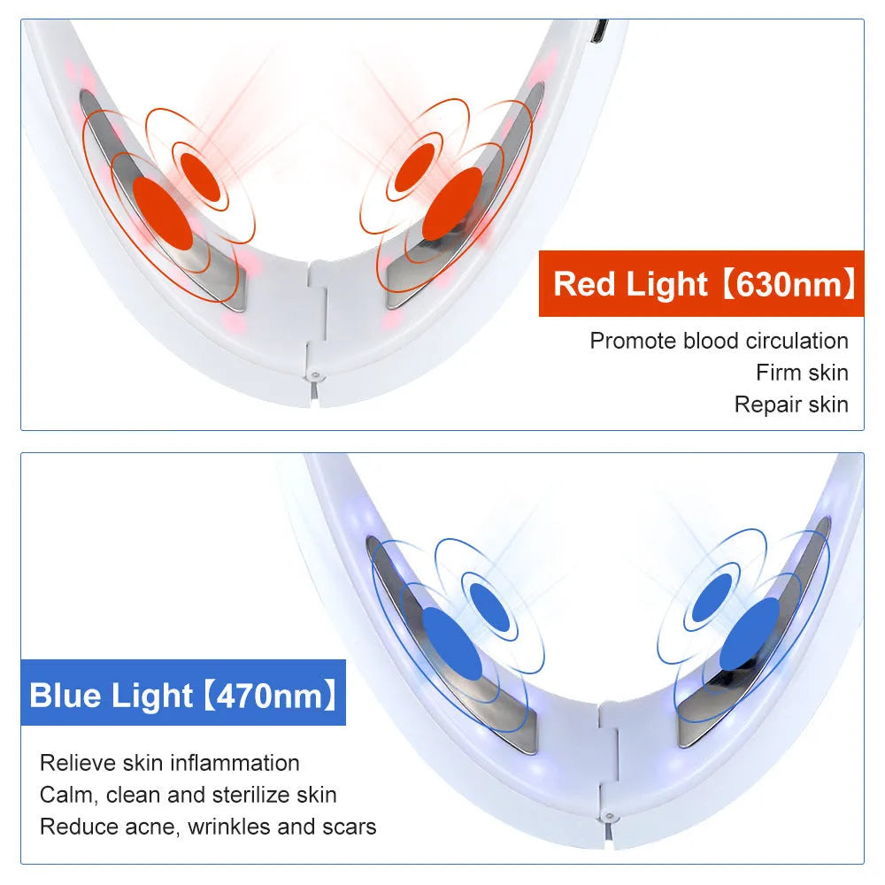 White facial lifting device with LED light therapy display showing red and blue lights