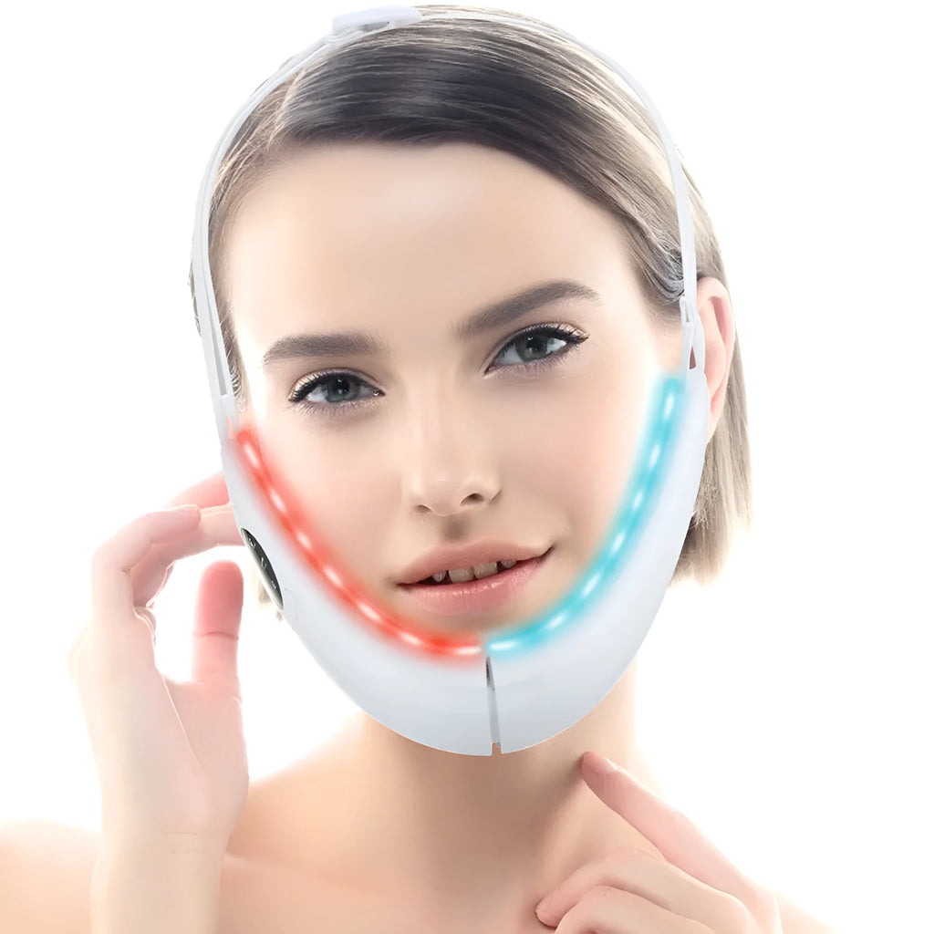White facial lifting device with LED light therapy display showing red and blue lights