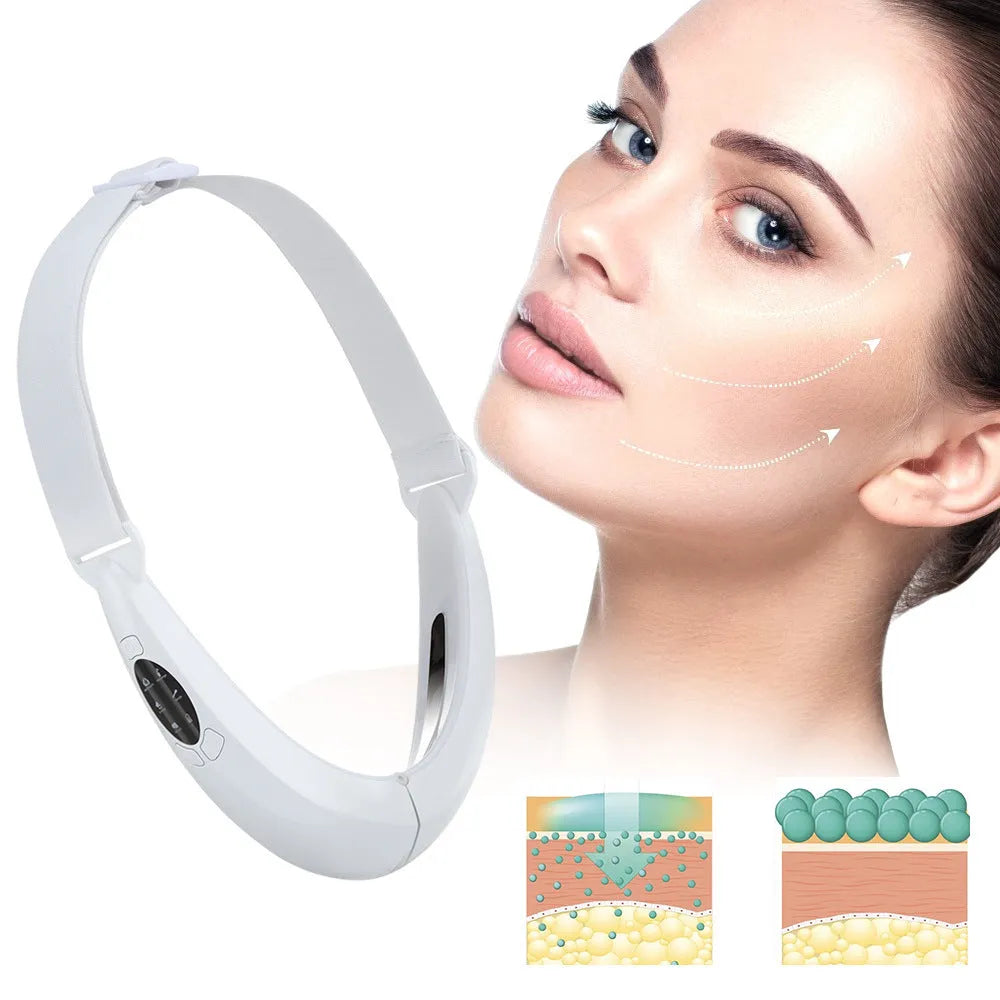White facial lifting device with LED light therapy display showing red and blue lights