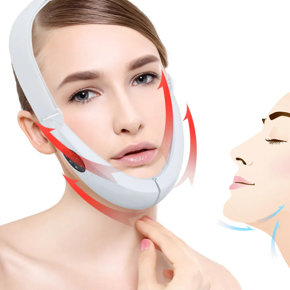 White facial lifting device with LED light therapy display showing red and blue lights