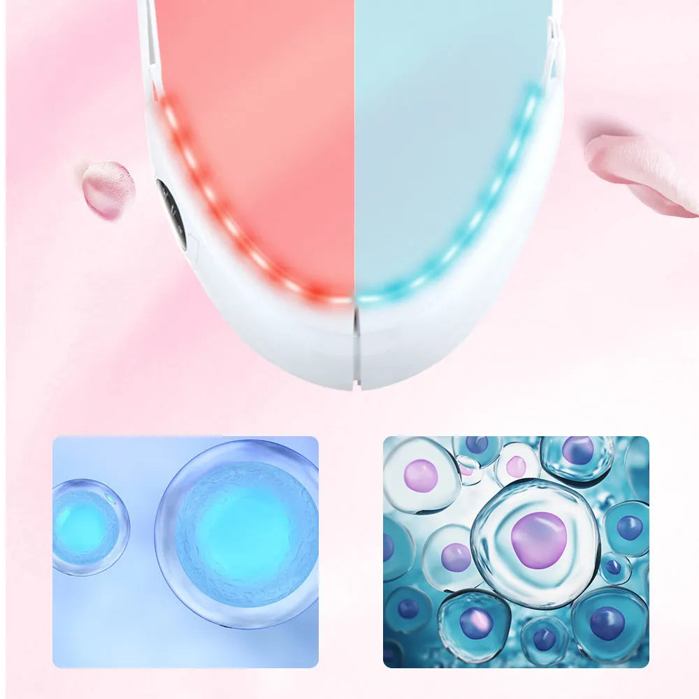White facial lifting device with LED light therapy display showing red and blue lights