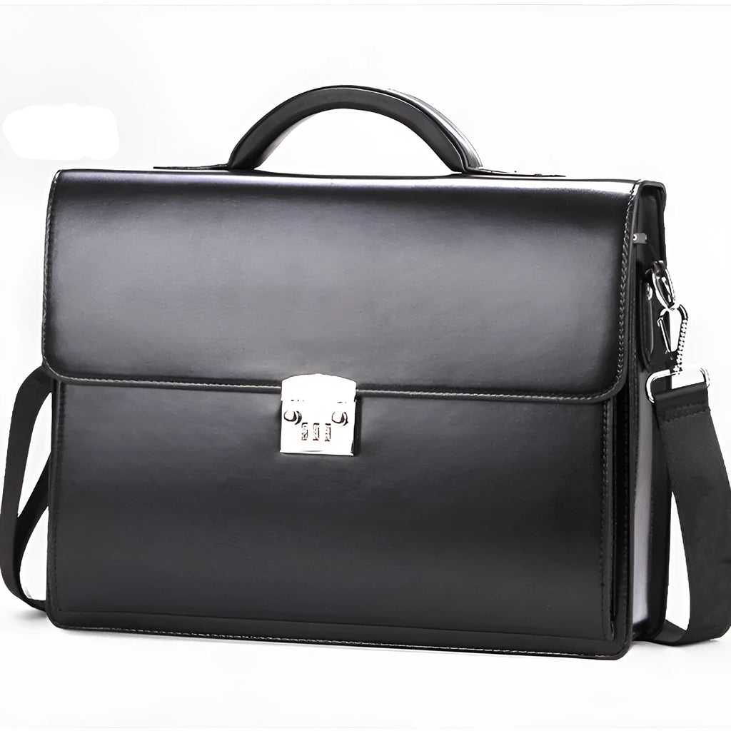 Black horizontal men's business briefcase made of PU leather with a single handle and zipper opening.