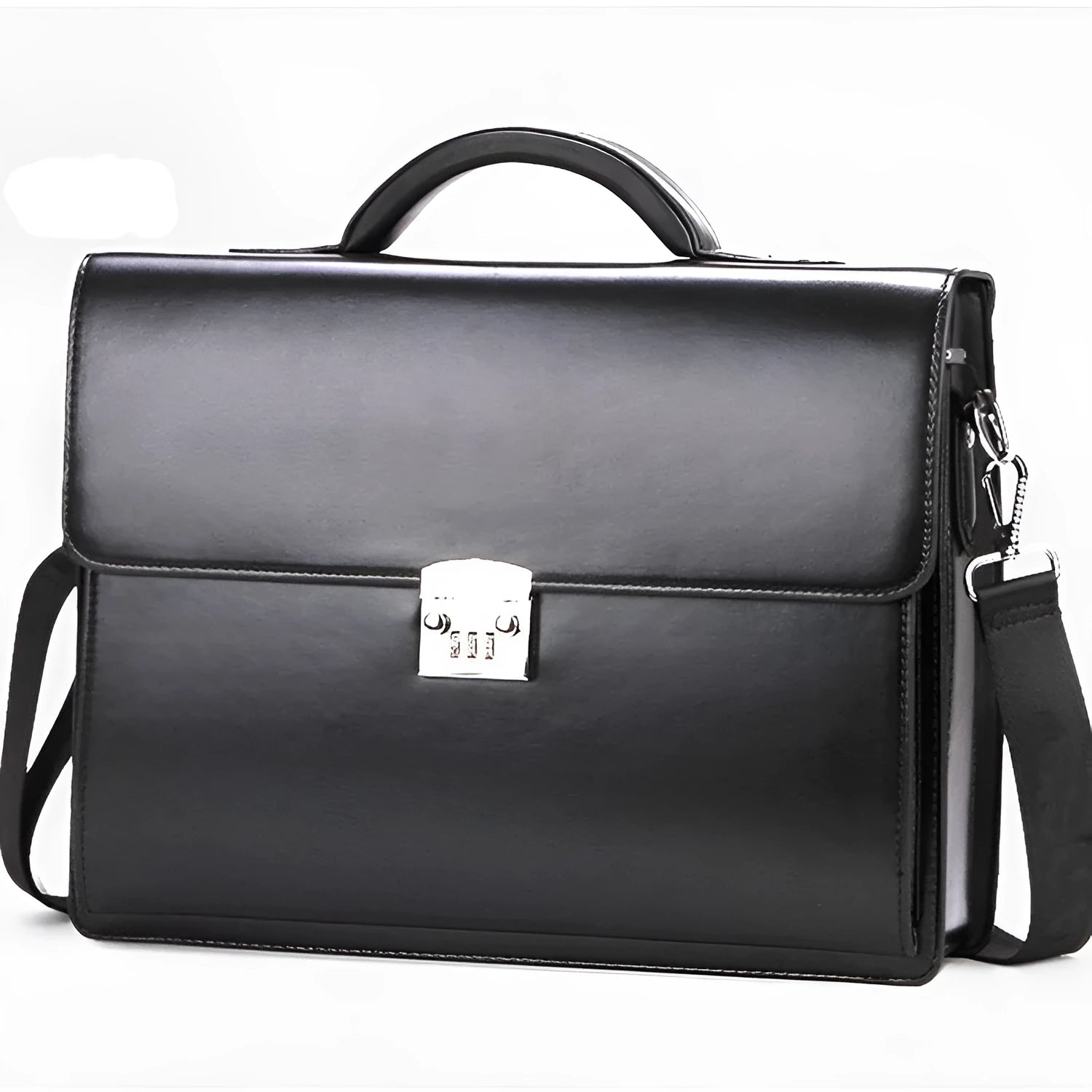 Black horizontal men's business briefcase made of PU leather with a single handle and zipper opening.