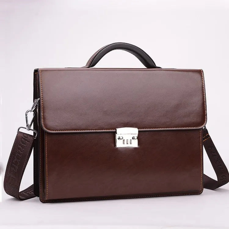 Black horizontal men's business briefcase made of PU leather with a single handle and zipper opening.