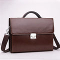 Black horizontal men's business briefcase made of PU leather with a single handle and zipper opening.