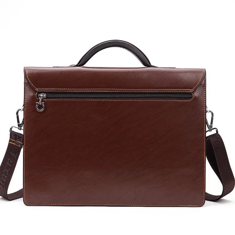 Black horizontal men's business briefcase made of PU leather with a single handle and zipper opening.