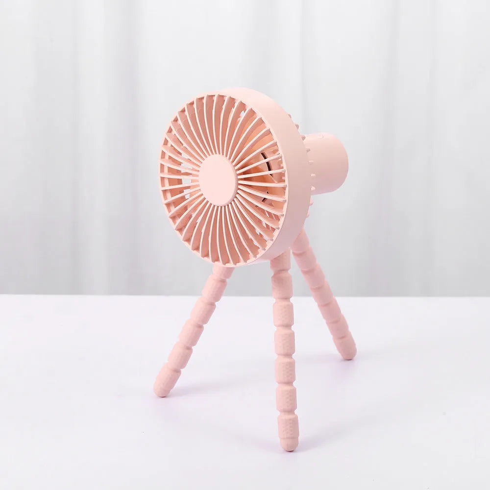 Small adjustable desktop fan with bending head on octopus tripod base in various colour options