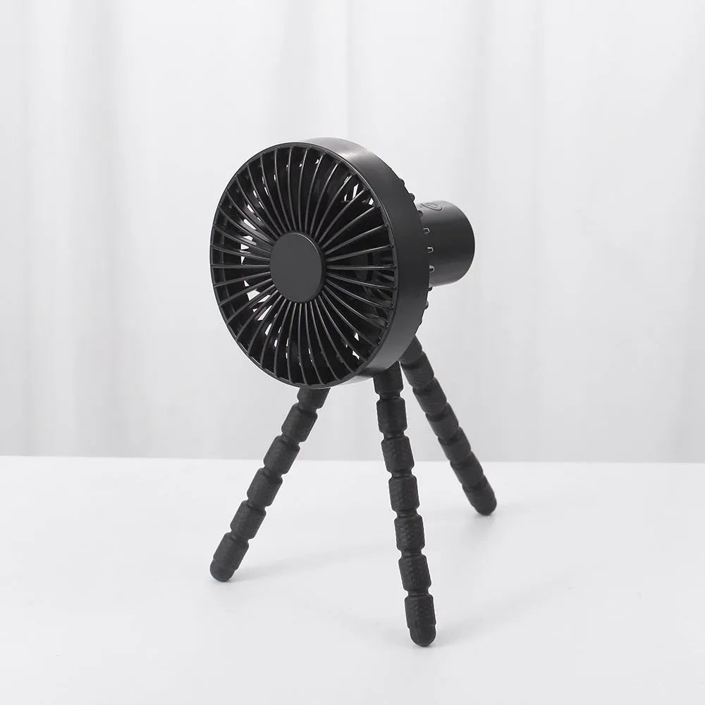 Small adjustable desktop fan with bending head on octopus tripod base in various colour options