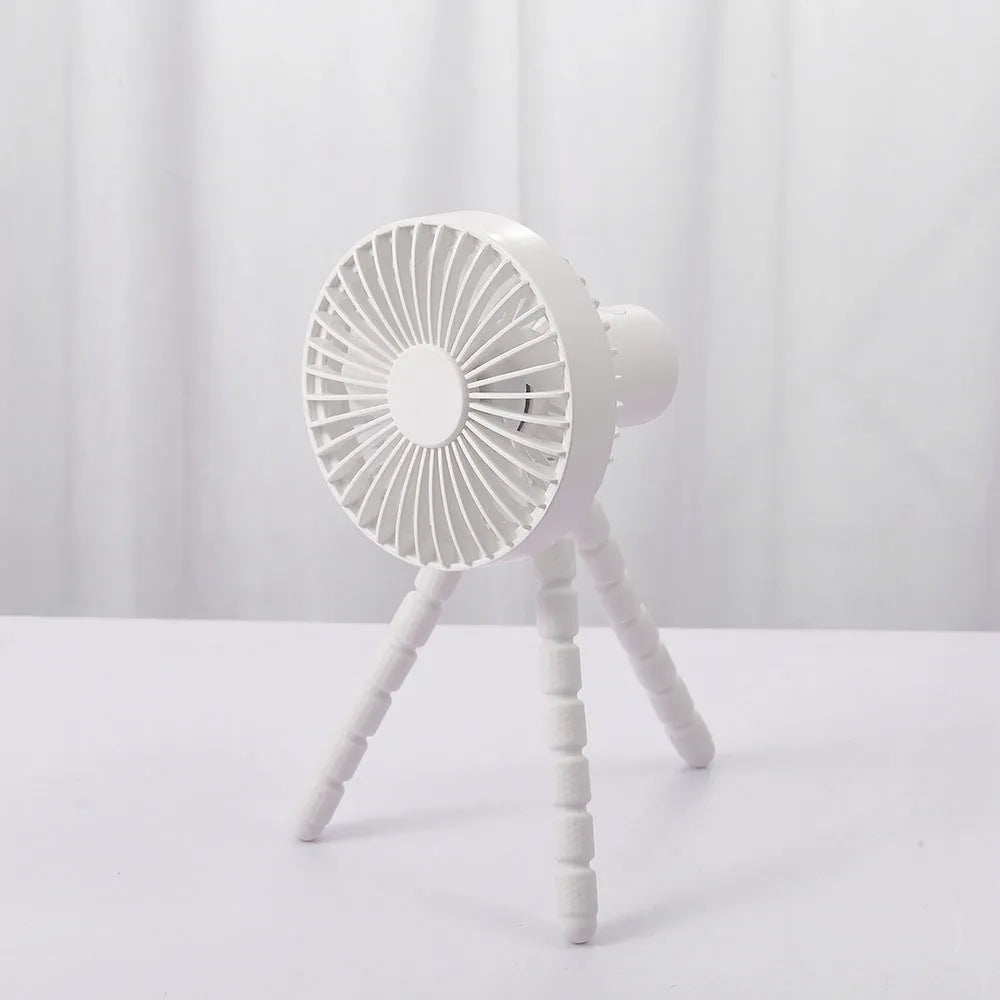 Small adjustable desktop fan with bending head on octopus tripod base in various colour options