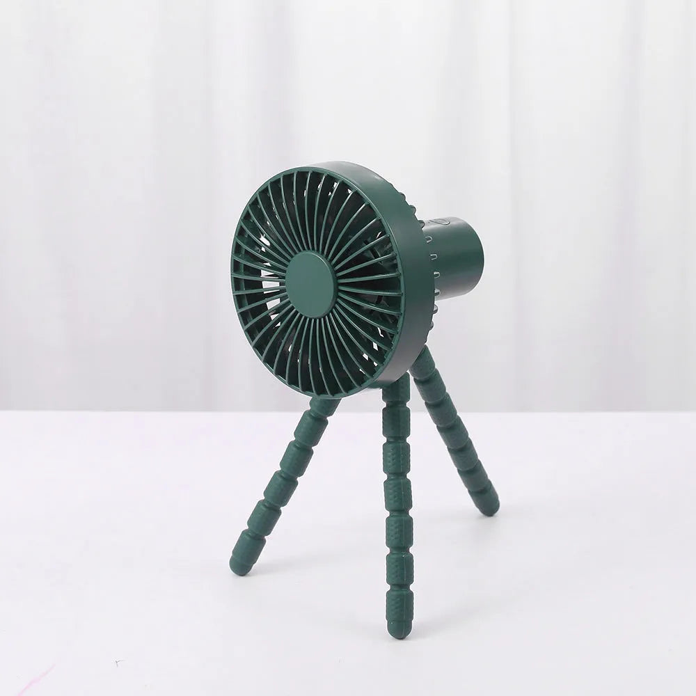 Small adjustable desktop fan with bending head on octopus tripod base in various colour options
