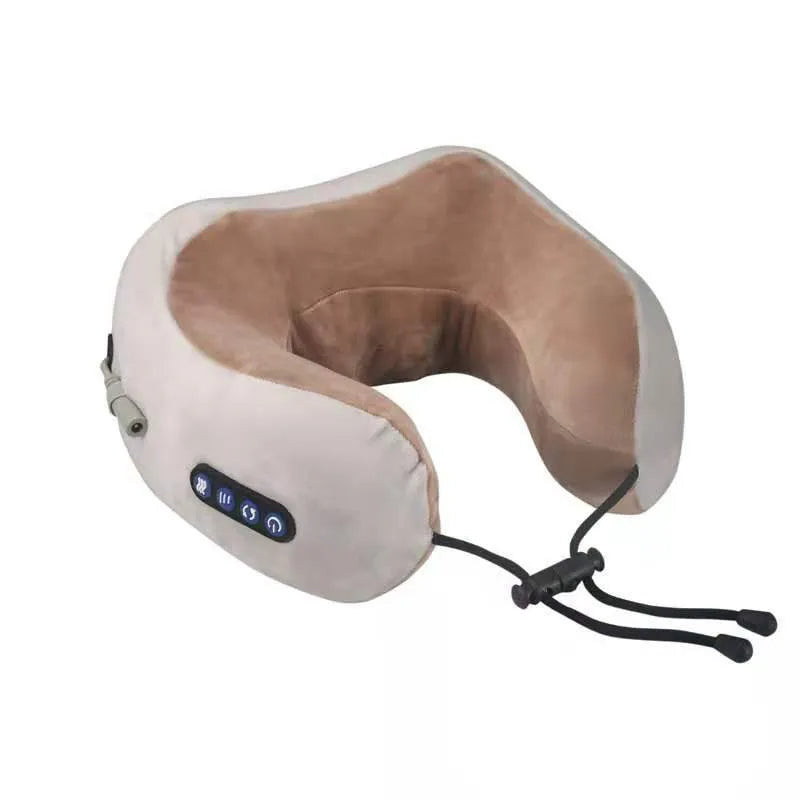 Brown U-shaped electric neck massager with fabric cover and control buttons