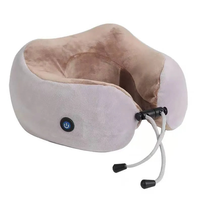 Brown U-shaped electric neck massager with fabric cover and control buttons
