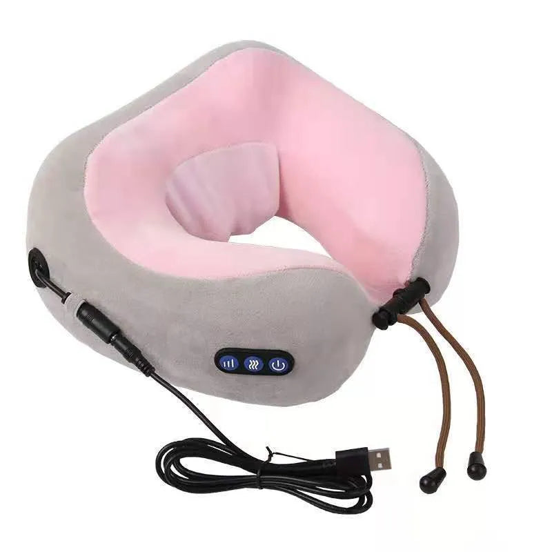 Brown U-shaped electric neck massager with fabric cover and control buttons