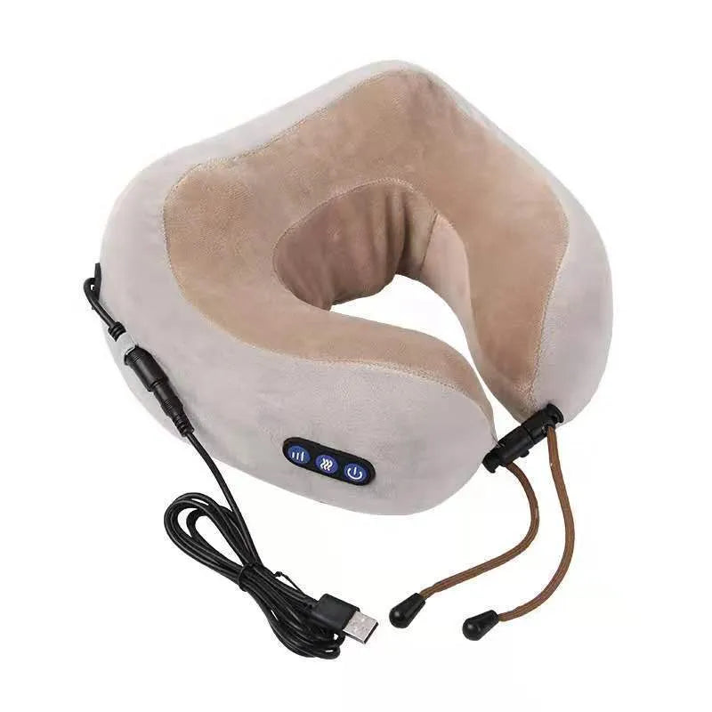 Brown U-shaped electric neck massager with fabric cover and control buttons