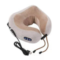 Brown U-shaped electric neck massager with fabric cover and control buttons