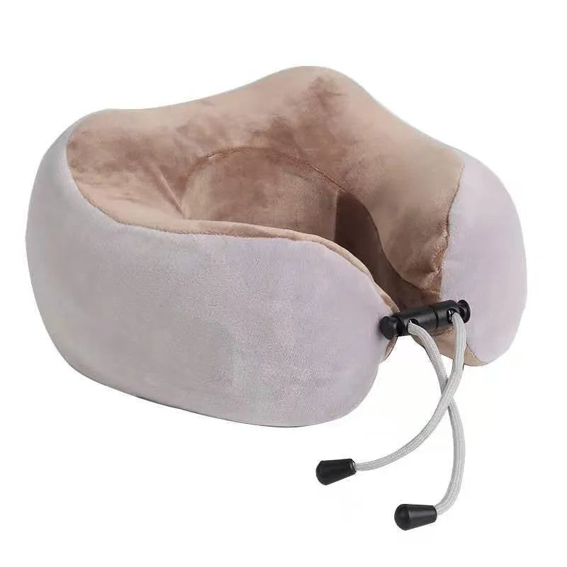 Brown U-shaped electric neck massager with fabric cover and control buttons