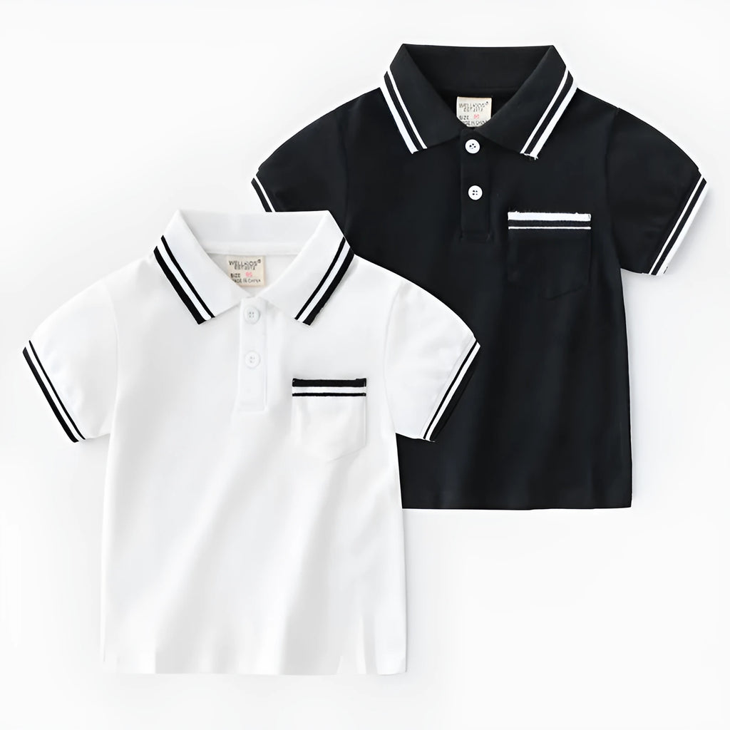 Boys' white and black cotton polo shirt with short sleeves and round neck
