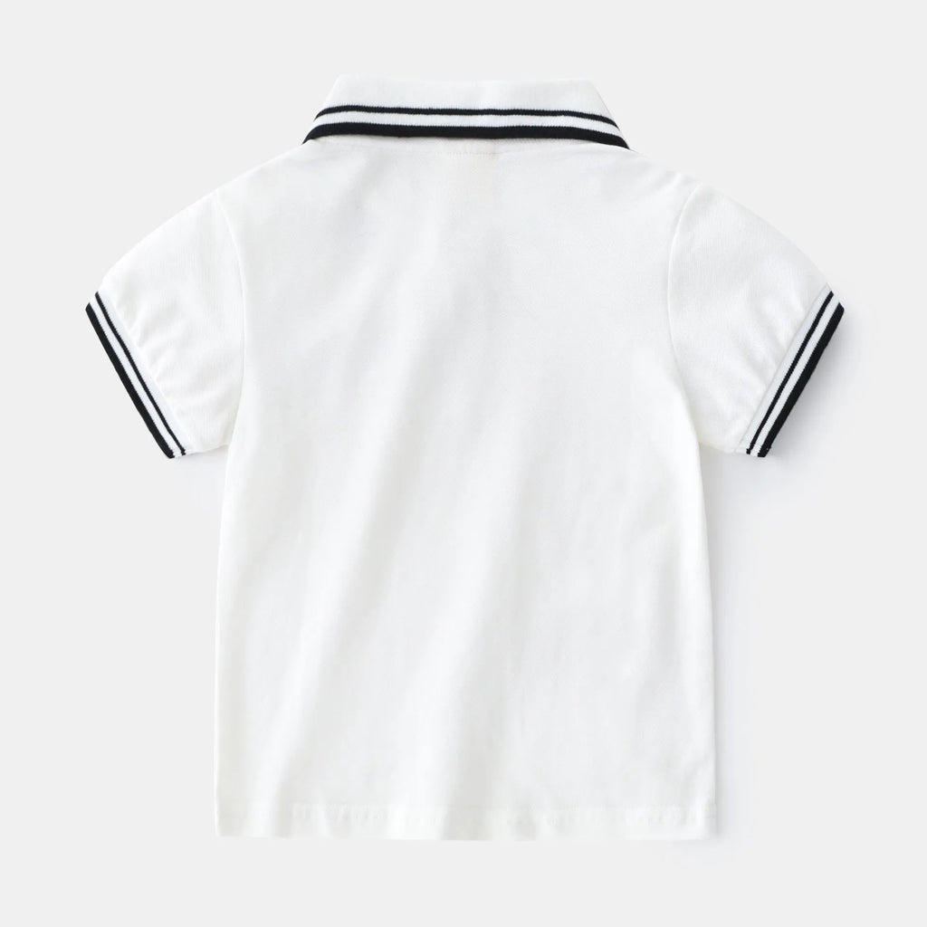 Boys' white and black cotton polo shirt with short sleeves and round neck