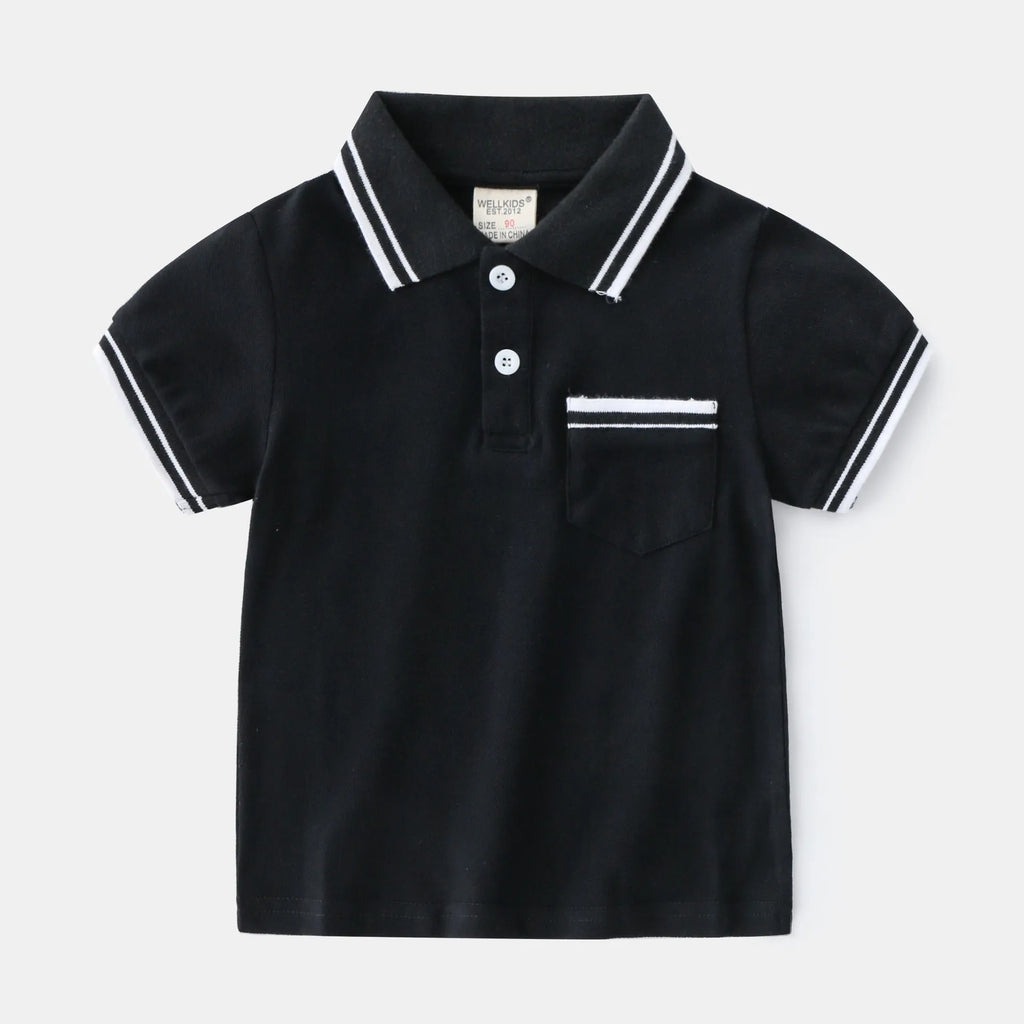 Boys' white and black cotton polo shirt with short sleeves and round neck