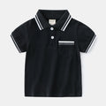 Boys' white and black cotton polo shirt with short sleeves and round neck