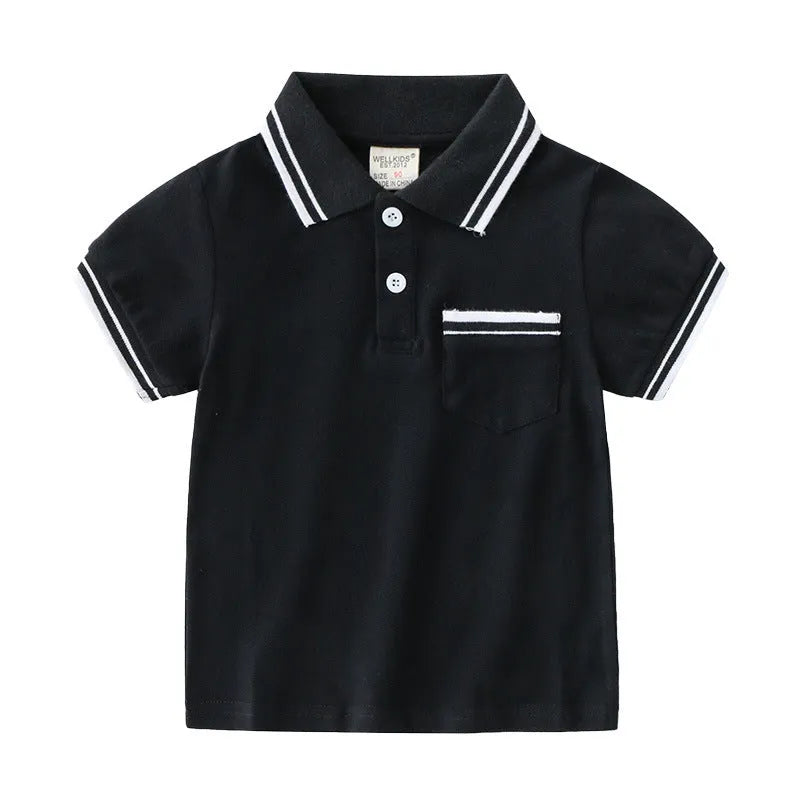 Boys' white and black cotton polo shirt with short sleeves and round neck