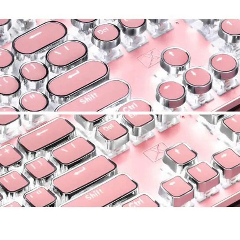 Wired silver mechanical keyboard with pink round keycaps and green switches next to matching mouse.
