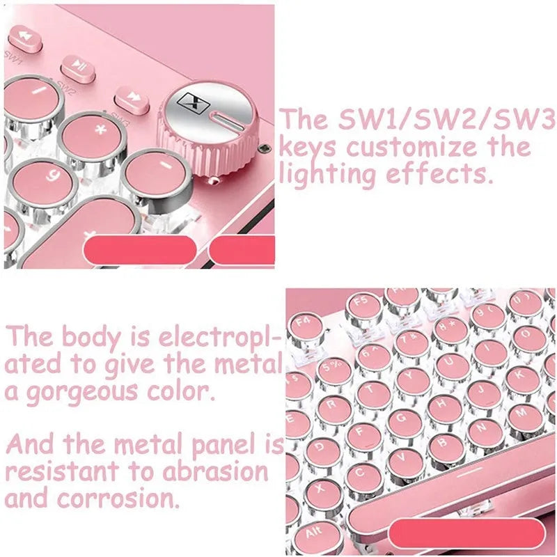 Wired silver mechanical keyboard with pink round keycaps and green switches next to matching mouse.