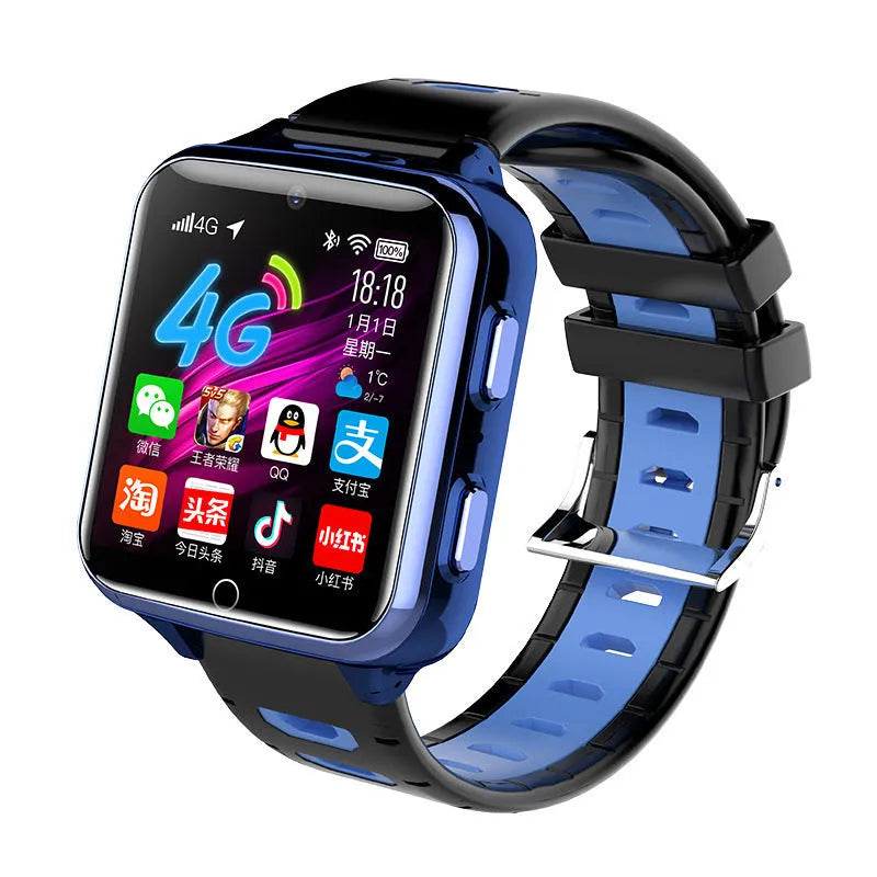 Children's smart watch with colour screen and silicone strap showing face recognition and Bluetooth calling functions