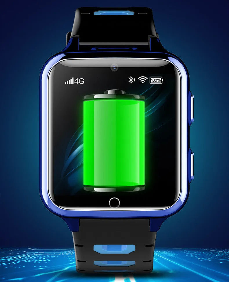 Children's smart watch with colour screen and silicone strap showing face recognition and Bluetooth calling functions