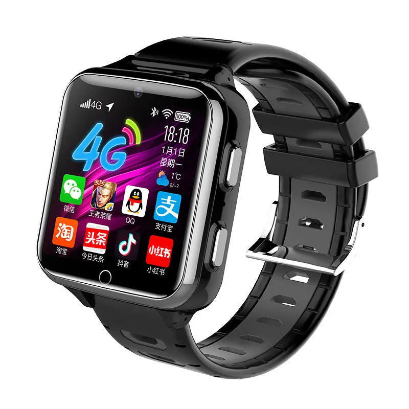 Children's smart watch with colour screen and silicone strap showing face recognition and Bluetooth calling functions