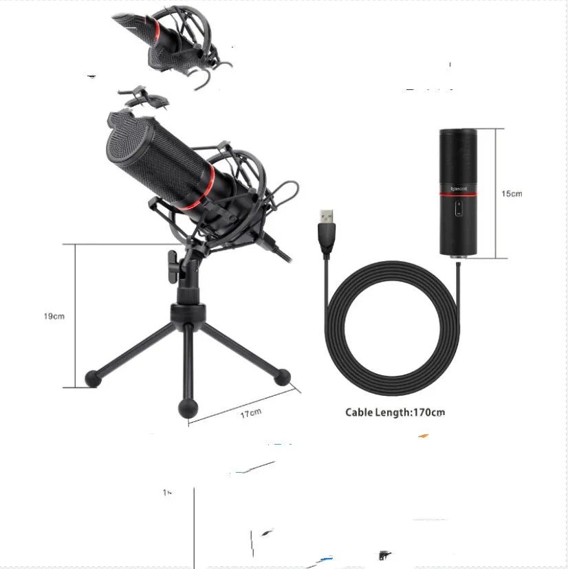 Black wired USB live broadcast microphone with singing bar design for game commentary and streaming