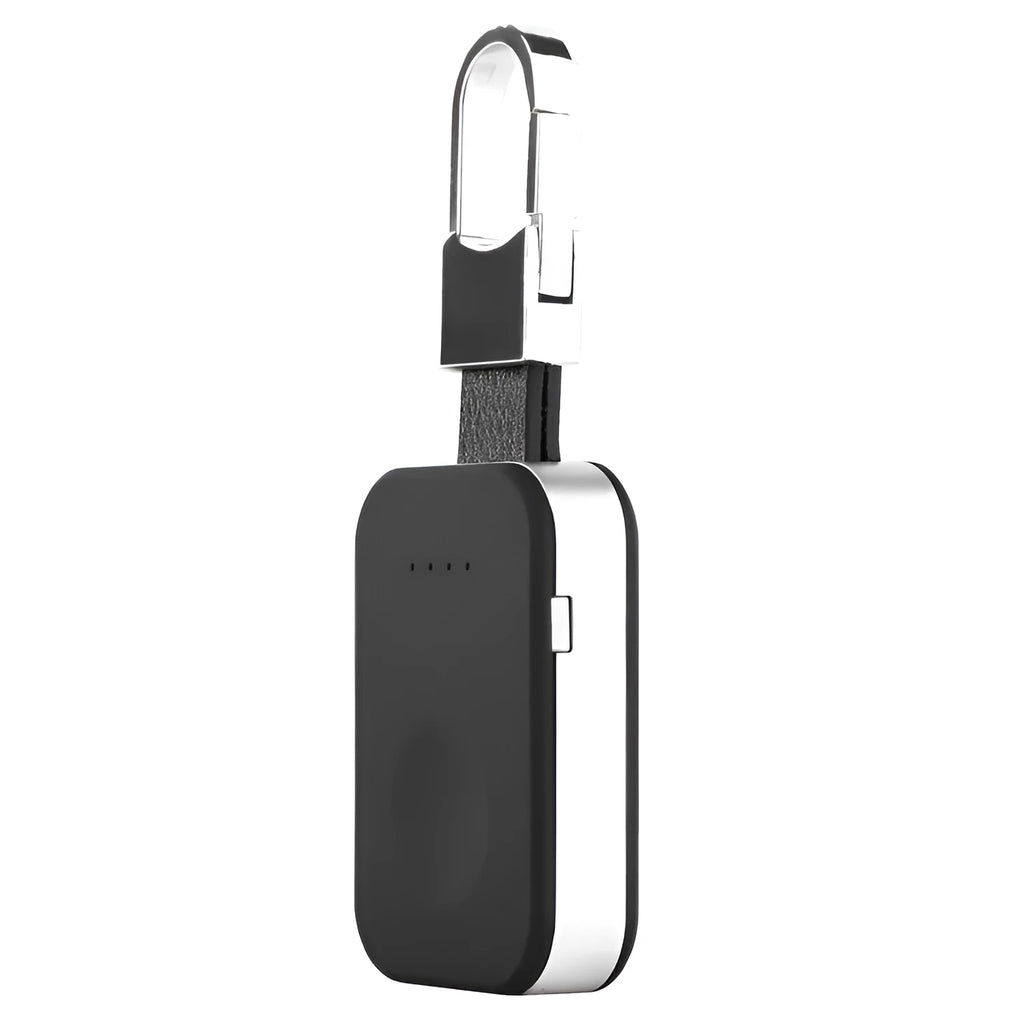 Black keychain-sized wireless power bank for Apple Watch showing front view and size relative to a keyring.