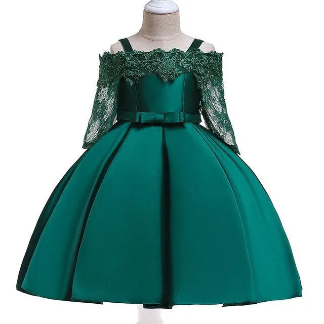 Simple lace-detailed girls dress in polyester, shown in one of five available colours.