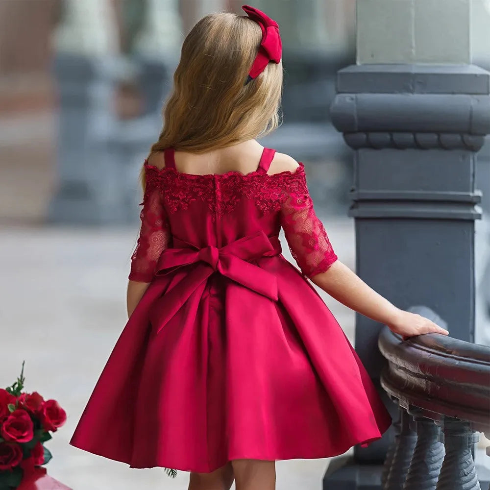 Simple lace-detailed girls dress in polyester, shown in one of five available colours.