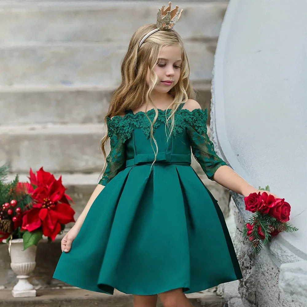 Simple lace-detailed girls dress in polyester, shown in one of five available colours.