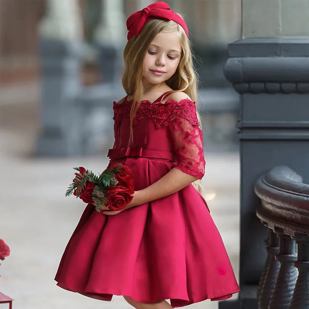 Simple lace-detailed girls dress in polyester, shown in one of five available colours.
