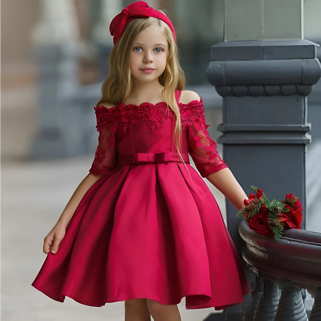 Simple lace-detailed girls dress in polyester, shown in one of five available colours.