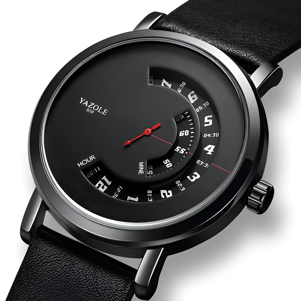 Men's turntable-style watch with metal case, analogue dial, and pin buckle strap