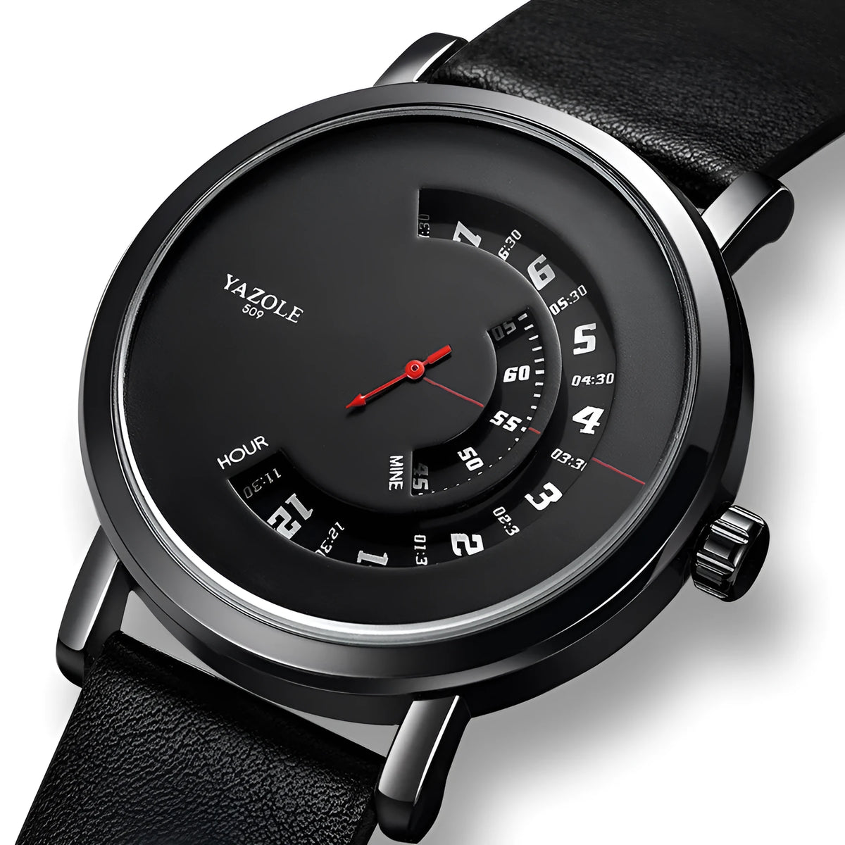 Men's turntable-style watch with metal case, analogue dial, and pin buckle strap