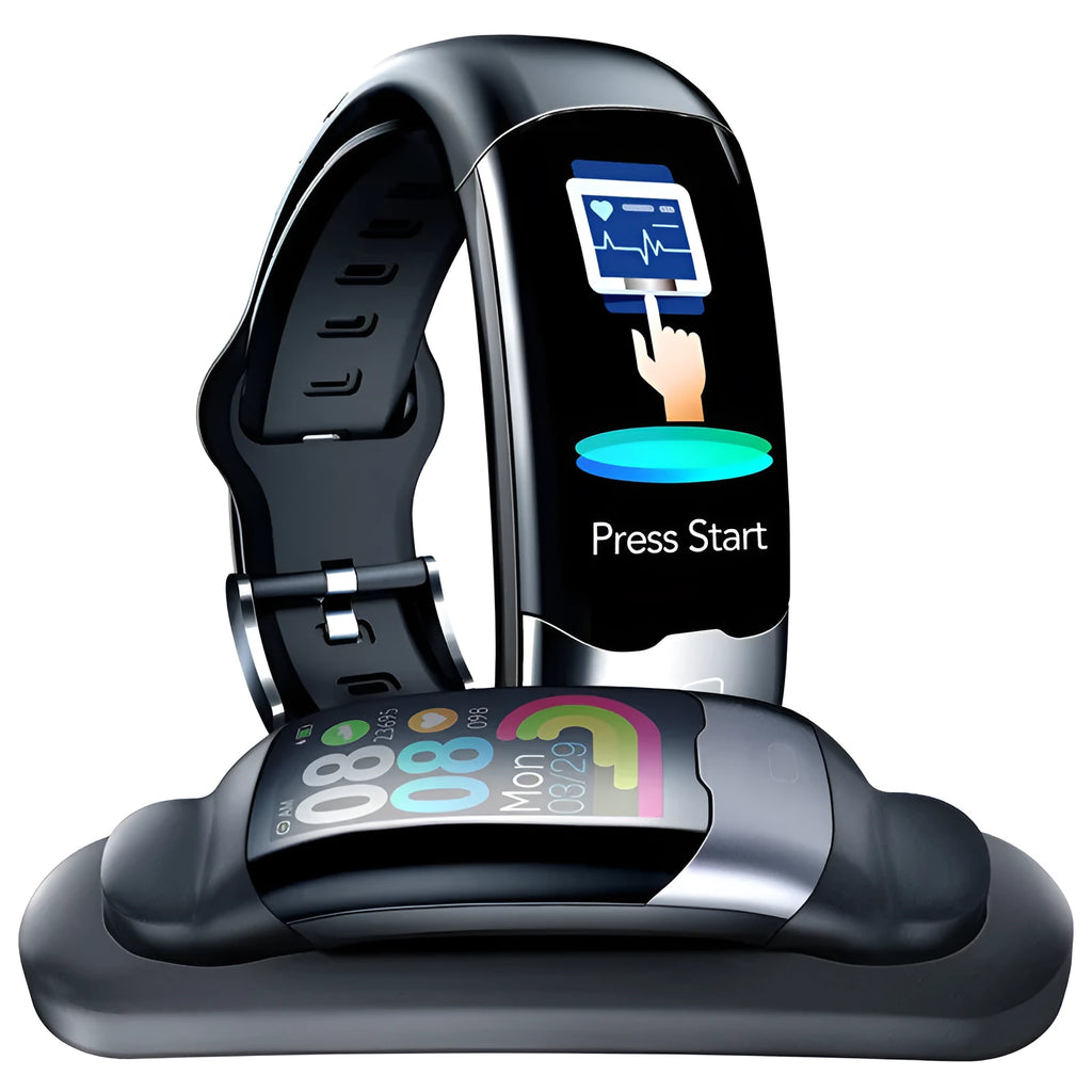 Smart bracelet with digital display showing heart rate, worn on wrist