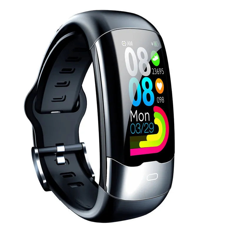 Smart bracelet with digital display showing heart rate, worn on wrist