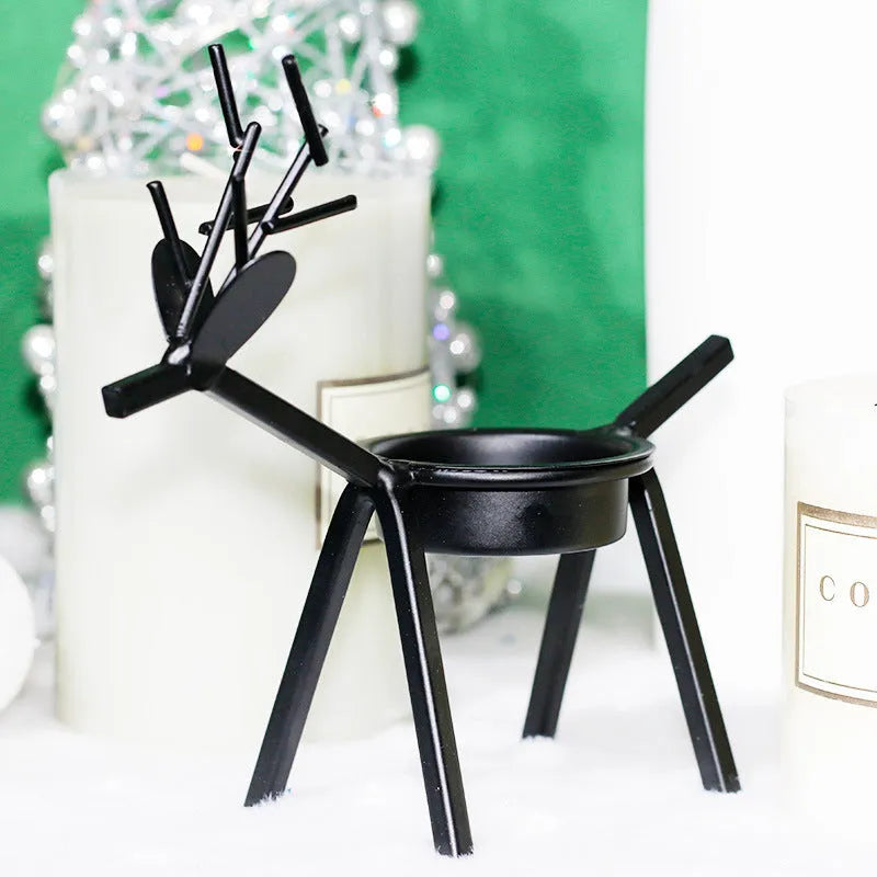 Black iron Christmas deer candlestick holder with elk bracket design for festive table decoration