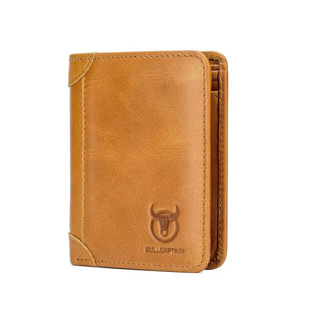 Men's casual bifold leather wallet showing internal compartments including secret slot
