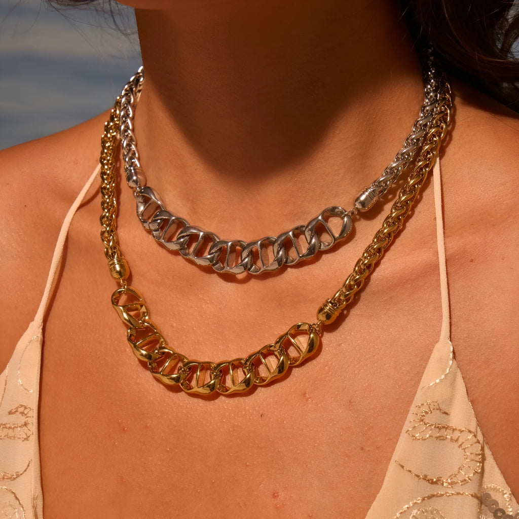 Gold plated stainless steel necklace with geometric pendant and regular chain for women