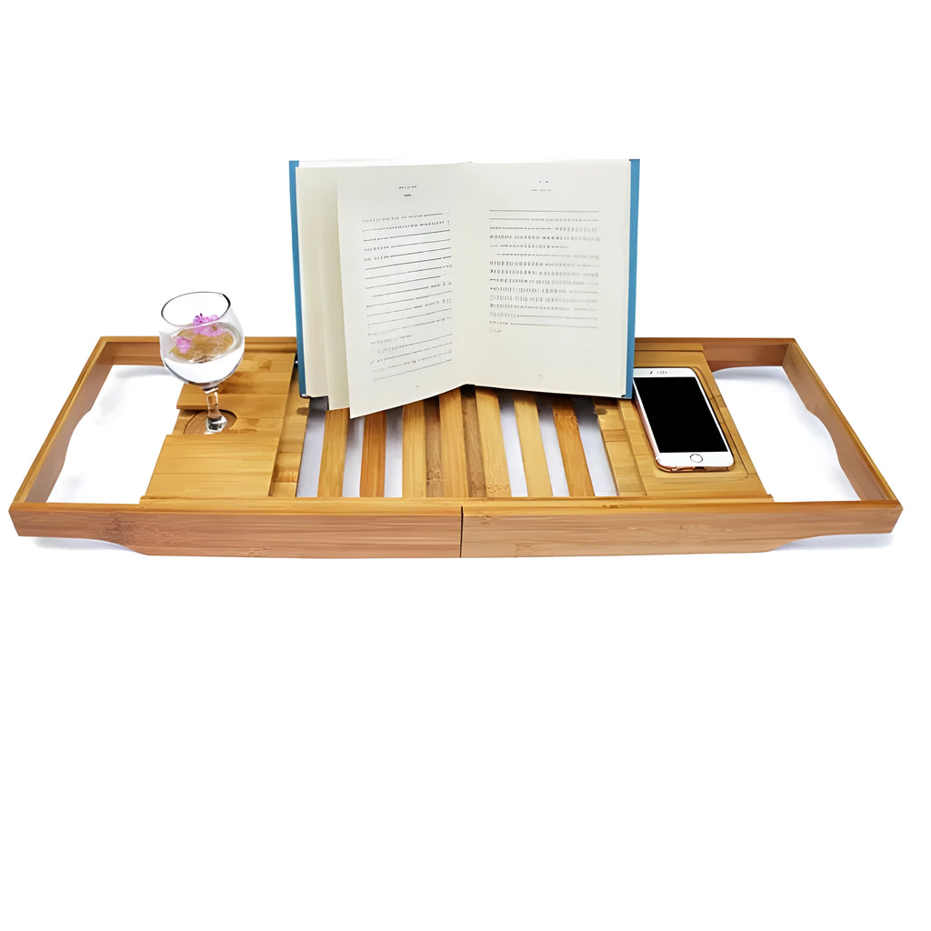Natural bamboo freestanding shelf unit for bathtub side storage.